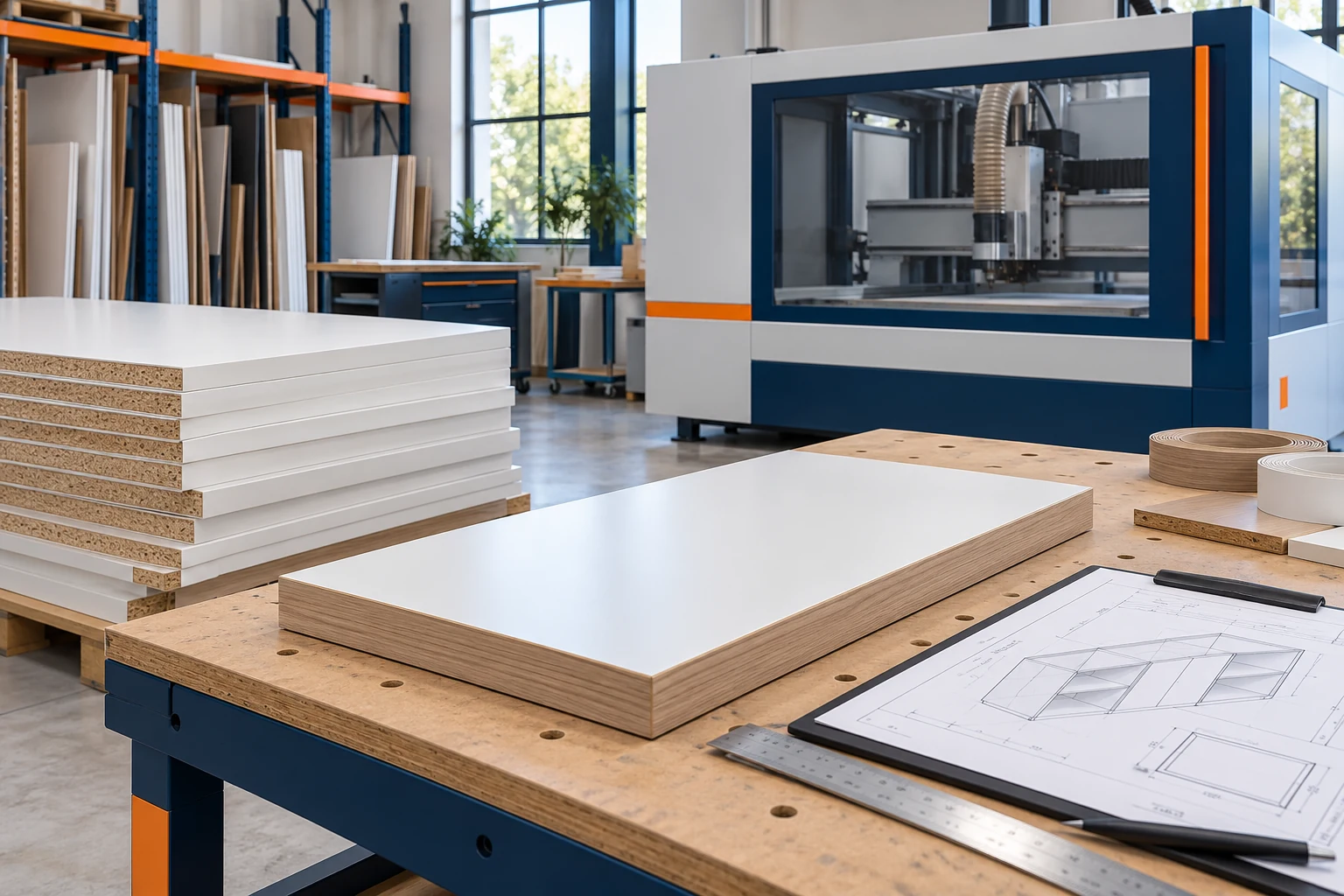 Ilustración conceptual de un proceso industrial de madera